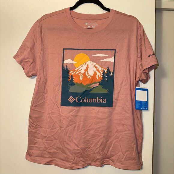 Columbia Large Pink Mountain Graphic Tee Short Sleeve Crew Neck Womens NWT - Picture 1 of 6
